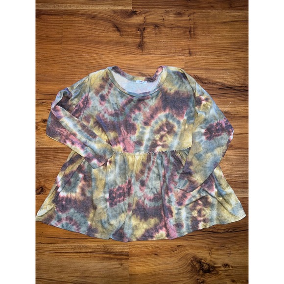 GeeGee Tops - GeeGee Waffle Knit Tie Dye Babydoll Top XL Long Sleeve Thermal Tunic Olive Multi